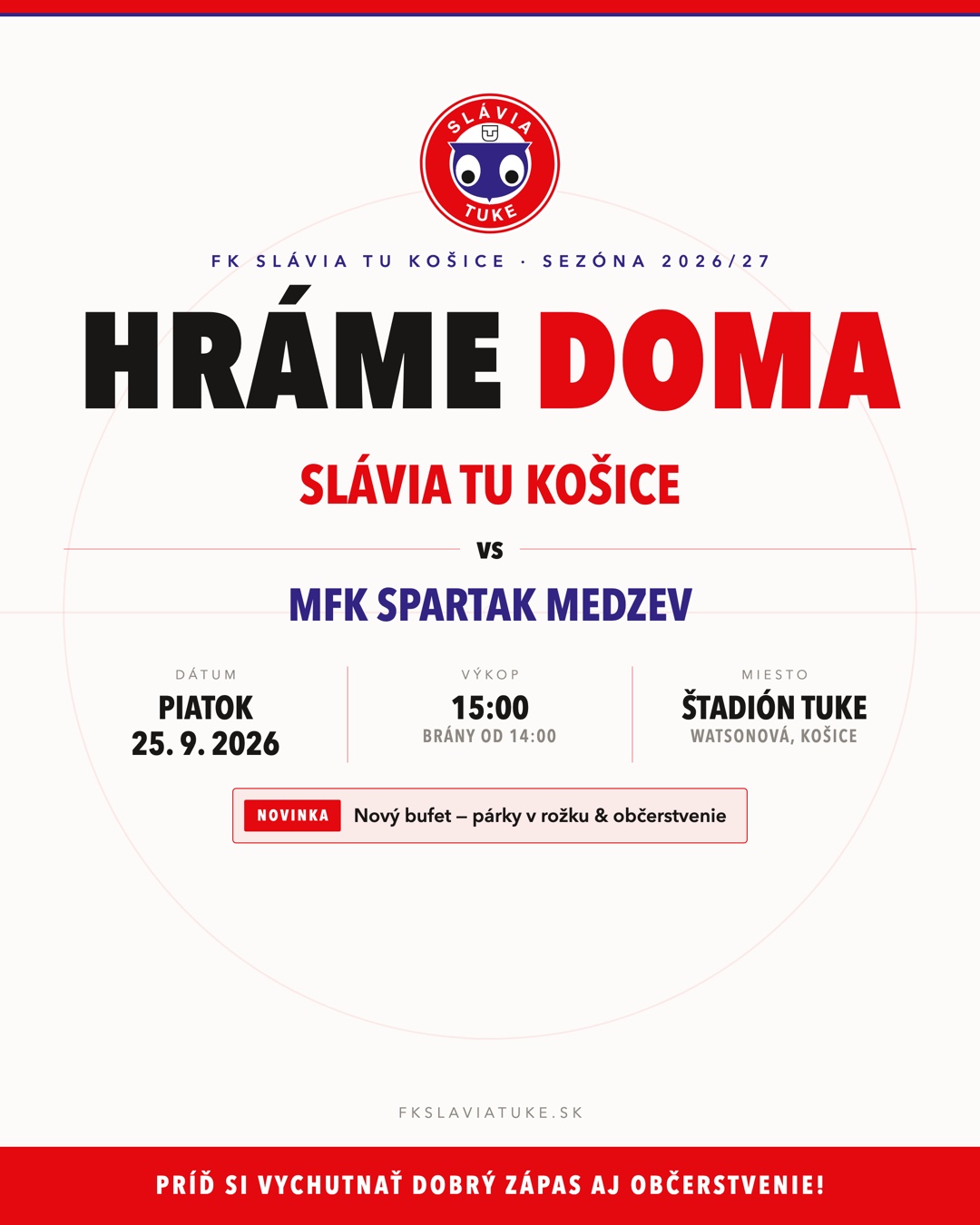 Plagát: Hráme doma – Slávia TU Košice vs MFK Spartak Medzev, piatok 25. 9. 2026 o 15:00
